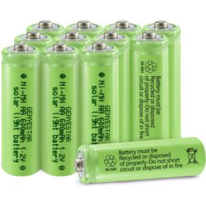 AA Rechargeable Batteries NiMH 1.2V 600mAh Double A Battery Pre-Charged for Solar Garden Lawn Landscaping Lights Lantern Remotes Toys Home Device, 12 Pack