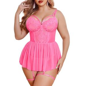 Avidlove Lace Lingerie Plus Size Baby doll Women Sexy Chemise Exotic Nightgowns Bridal Nightdress (Hot Pink, XL)
