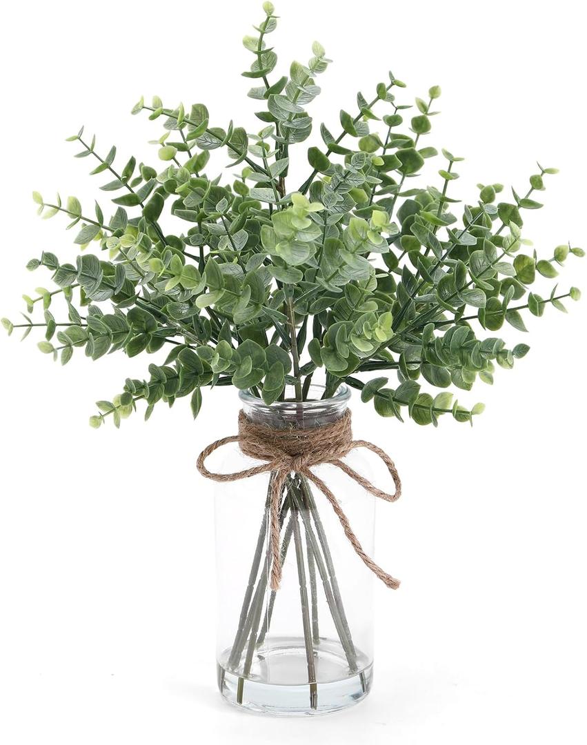 Eucalyptus Stems in Glass Vase with Faux Water, 13.7" Eucalyptus Fake Plants for Home Bathroom Office Kitchen Farmhouse Shelf Centerpiece Coffee Table Decor (Sage Green)
