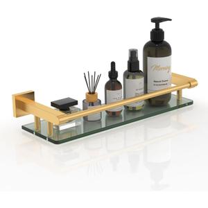 16 Inch Brusheld Gold Bathroom Glass Shelves with Stainless Steel Railing, Tempered Floating Glass Modern Decoration Bathroom Shelf Sink Over Toilet