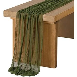 Ling's Moment 14Ft x 35" Wide Olive Moss Green Gauze Semi-Sheer Table Runner Cheesecloth Tablecloth for Wedding Party Bridal Shower Boho Table Decor Moss Green