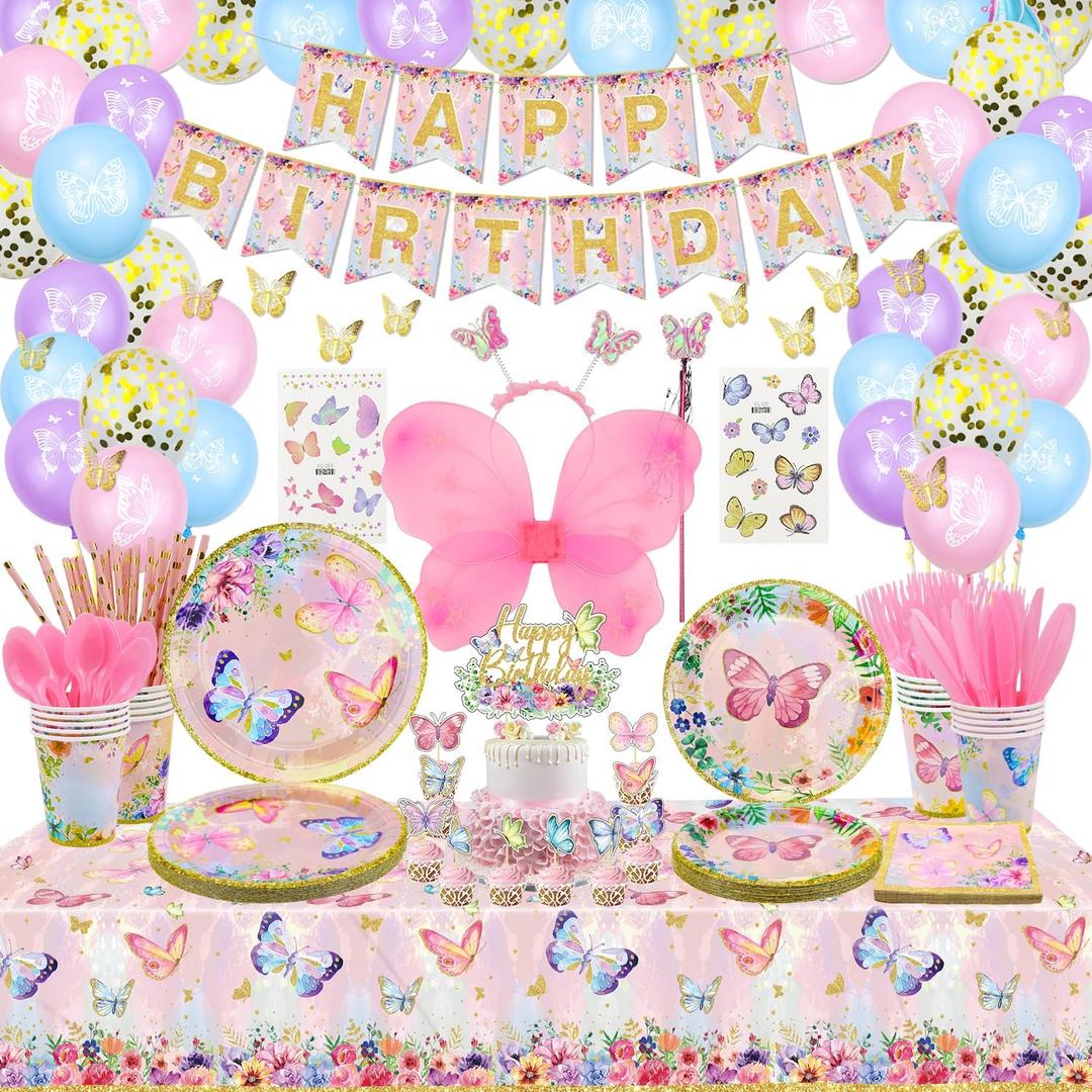 233 PCS Butterfly Party Decorations - Butterfly Balloons, Banner, Cake Topper, Fairy Wing, Tattoo, Stickers, Plates, Napkins, Cups, and Tablecloth for Girl Women Birthday Supplies, Serves 20 Guests