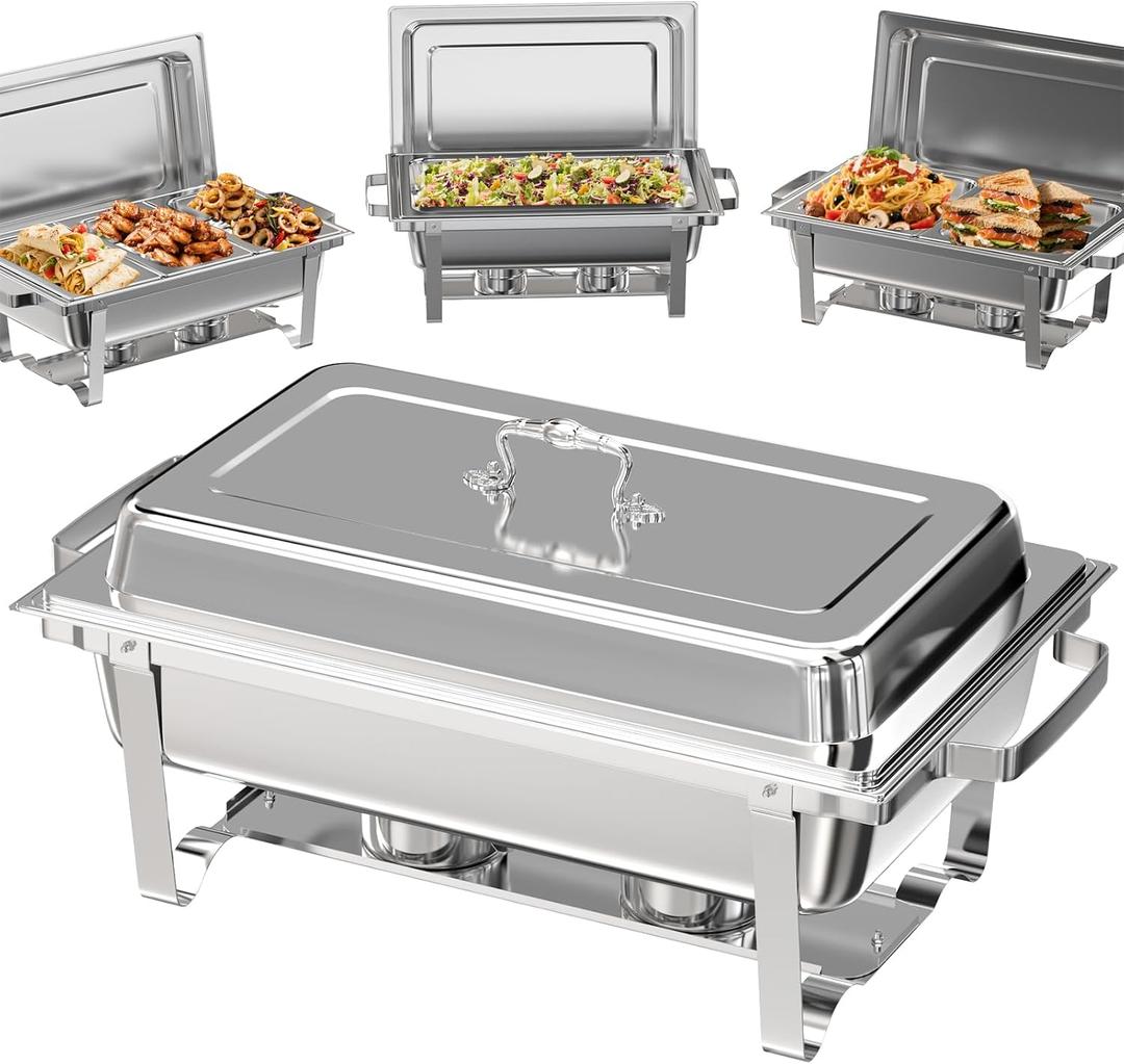 Amhier Chafing Dishes for Buffet 4 Pack, 9QT [Multiple Food Pans Combo] Chafing Dishes with 2 Full Size + 2 Half Size + 3 Third Size Pans, Chafing Dish Buffet Set for Parties and Wedding, Silver