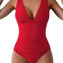 One Piece Swimsuit Women Tummy Control Cross Back Bathing Suit V Neck Adjustable Straps Ruched Swimwear (Medium, Red)