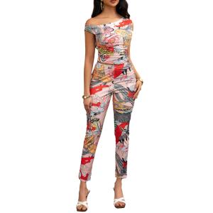 AIMISHI 2 Piece Outfits for Women Print Off the Shoulder Crop Tops High Waist Long Pants Sets Tracksuit White Red Combo Small (S)
