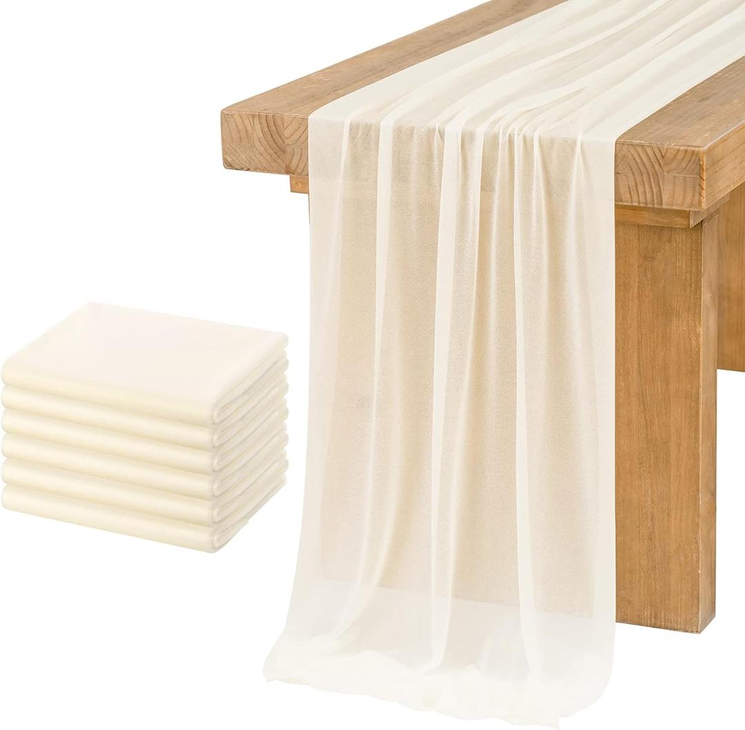 Ling's Moment 6-Pack 10ft Ivory Sheer Chiffon-Like Table Runner with Silver Sparkle Beige Table Decor for Wedding Rustic Boho Shower Party(Ivory, Set of 6)