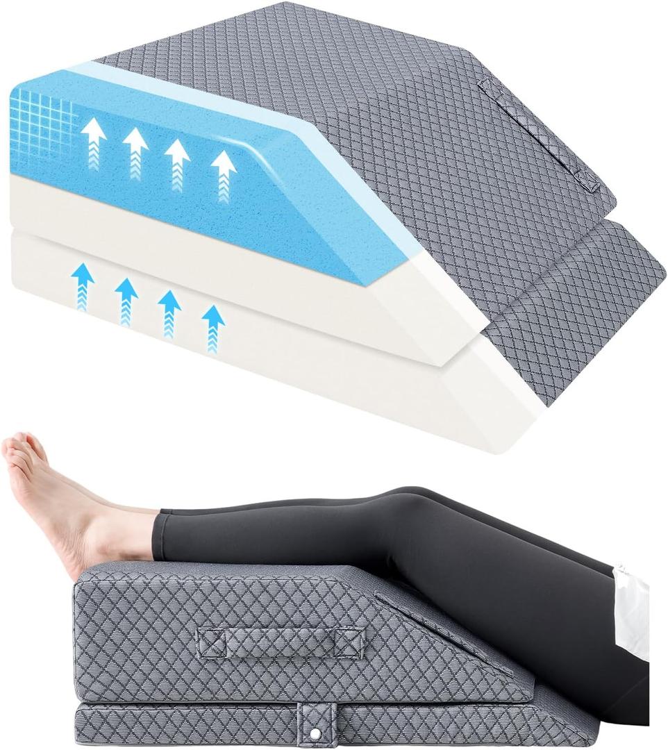 Wellsin 2 Height Adjustable Wedge Leg Pillow for Elevation, Memory Foam Leg Elevation Pillows for Swelling with 3 Handles and Washable Cover (Grey)
