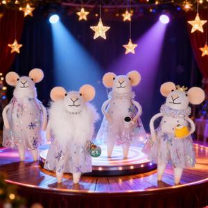 Set of 4 Christmas Felt Mouse Ornaments, 4.7" Mini Princess Mice with Lace Skirt for Xmas Tree Hanging, Wool Xmas Tabletop Decor, Animal Crafts for Holiday Easter Gifts Birthday Party Supply