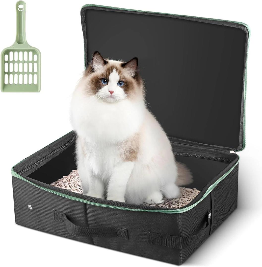 Cat Enclosed Travel Litter Box Kit with Lid Odorless Dustless, Lightweight Cat Portable Foldable Litter Box for Indoor and Car (Small, Black and Whi)