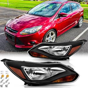 Headlights Assembly Pair with Bulbs for 2012 2013 2014 Ford Focus Halogen Front Headlamps Head Lights Replacement Driver and Passenger Side (LH RH),Black Housing Amber Reflector