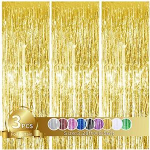 3Pcs Gold Metallic Tinsel Foil Fringe Curtains,3.28ft x 6.56ft Gold Photo Booth Backdrop Streamer Curtain,Photo Booth Props,Ideal Bachelorette Party Supplies, Birthday, Christmas,New Year Decorations