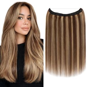 MY-LADY Halo Hair Extensions Real Human Hair for Women Medium Brown & Dark Blonde Clip in Remy Hairpiece with Adjustable Invisible Wire 16 Inch 65G
