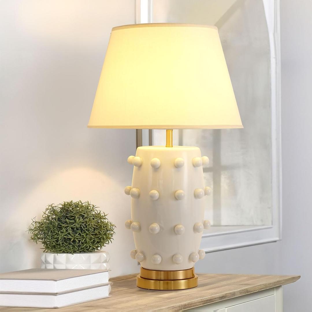 Modern Ceramic Linden Table Lamp - 30" White Ball Farmhouse Design, Classic Nightstand Large Linden Lamp Tapered Drum Shade for Living Room, Bedroom, Office, and Home White (30 inch, White)