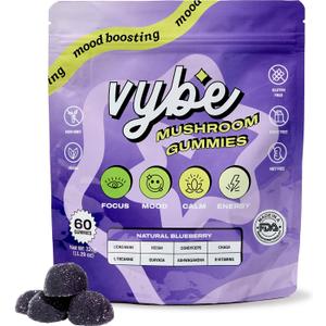 Vybe Daily Nootropic Gummies  8-in-1 Mushroom & Adaptogen Brain Supplement for Focus, Energy, and Mood with Lion's Mane, Cordyceps, Reishi, Chaga, Ashwagandha (Blueberry, 60-Count)