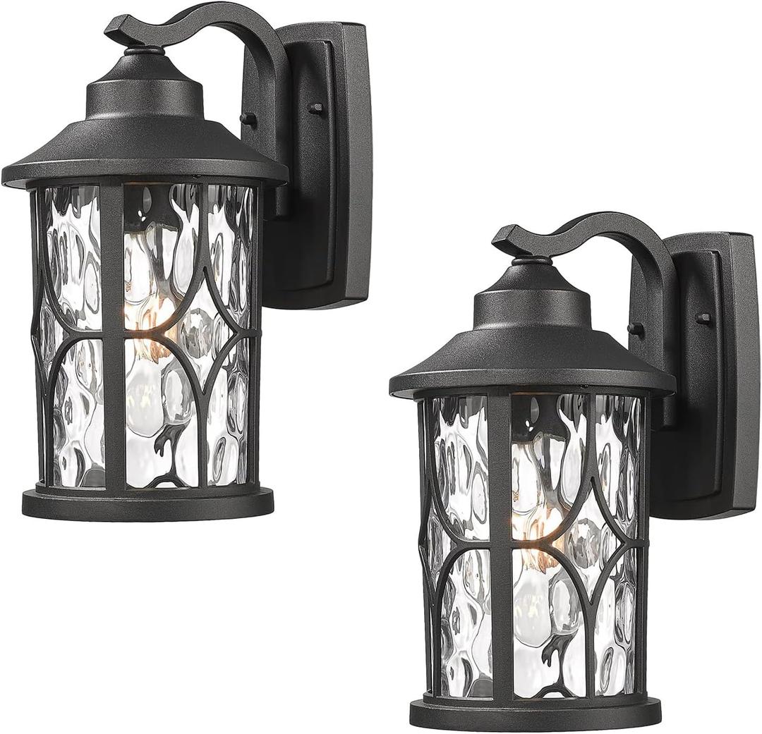 zeyu 2 Pack Patio Wall Light Fixture, 12 Inch Outdoor Modern Wall Lights, Die-Cast Aluminum, Black Finish with Water Ripple Glass, ZX48BWG-2PK BK