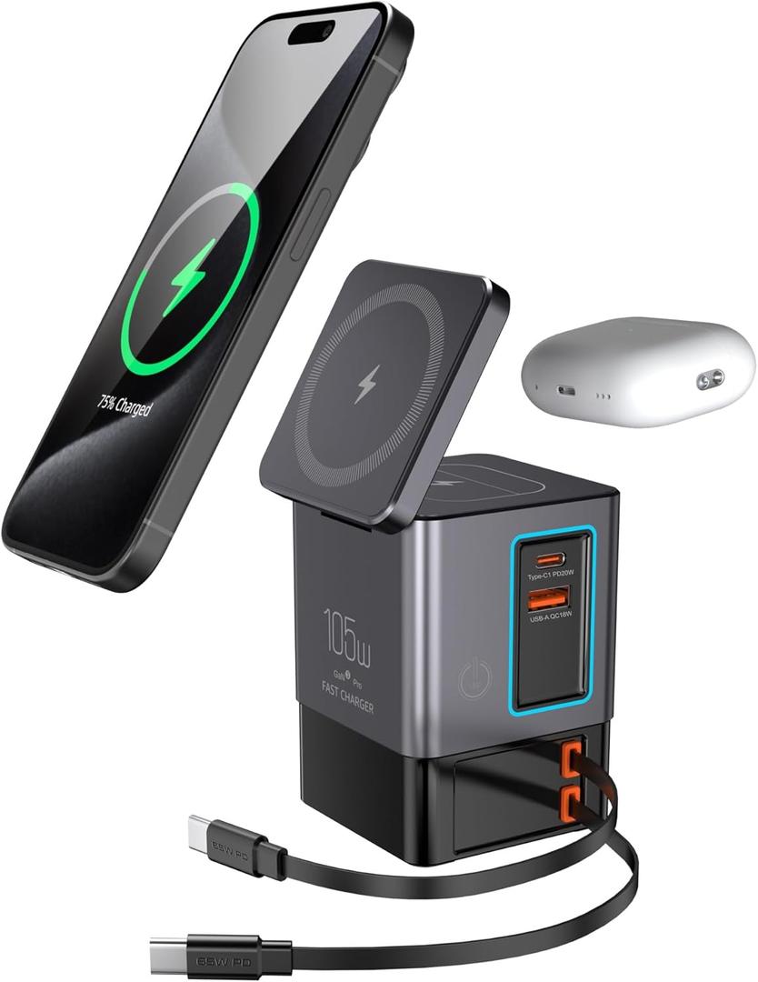 105W Charging StationMagSafe Compatible,6-in-1 Charging Dock,Gan Retractable Charger with Dual 65W Cables,USB-C Fast Charging for iPhone, AirPods,Tablets.