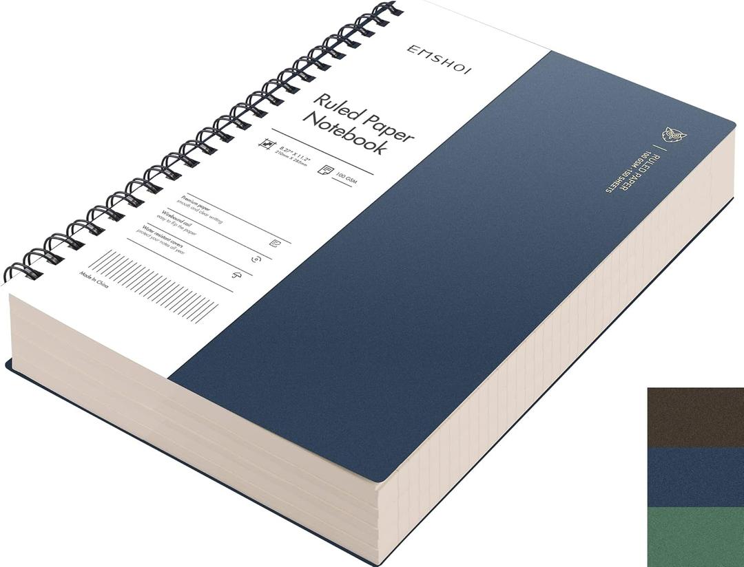 EMSHOI A4 Spiral Notebook College Ruled Lined Journal, 11.2" X 8.27", 300 Pages/150 Sheets, Easy Tear Perforated Pages, 100gsm Thick Paper, Waterproof Softcover, for School Work Writing-Blue