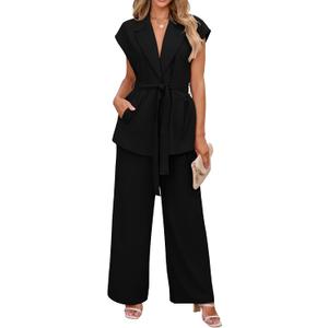 PRETTYGARDEN Women's Summer 2 Piece Outfits 2026 Cap Sleeve V Neck Blazer Vest Wide Leg Pant Sets Office Work Clothes (Black, L)