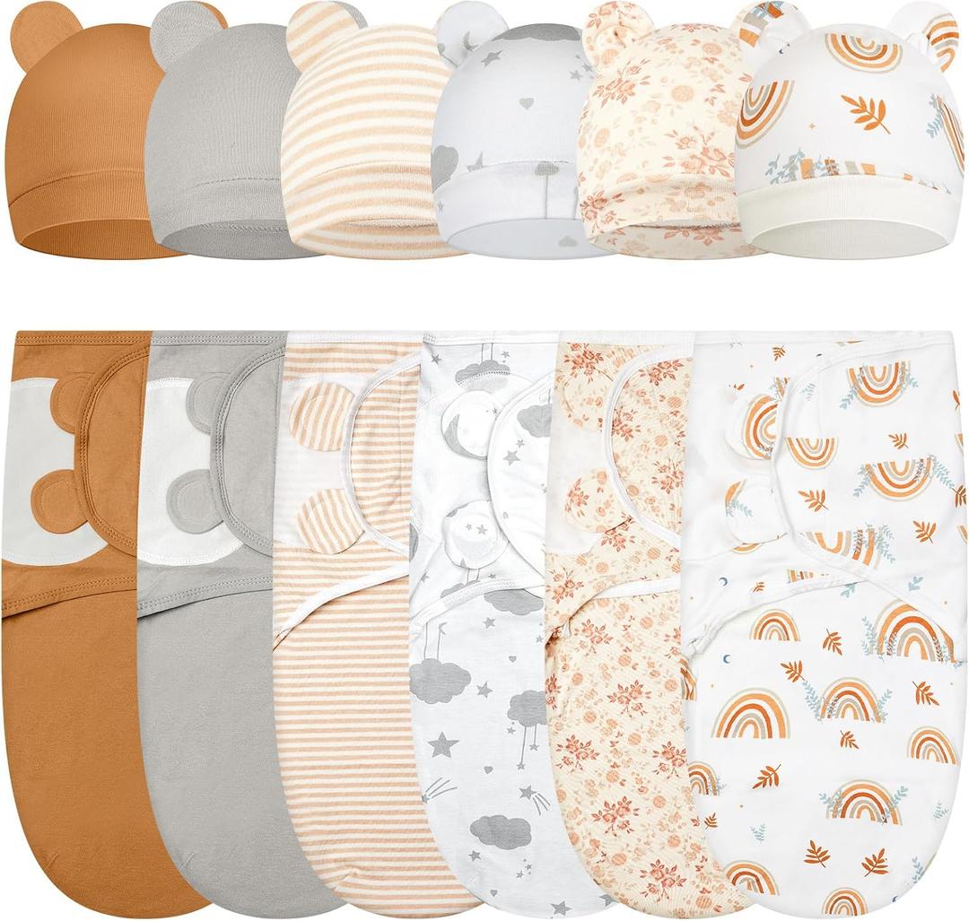 Ramede 6 Pack Swaddle Blanket with Hats for Baby Girl Boy 100% Cotton Swaddles 0-3 Months, Adjustable Breathable Skin Friendly Receiving Blanket Wrap, Essential for Newborns (Multicolor)