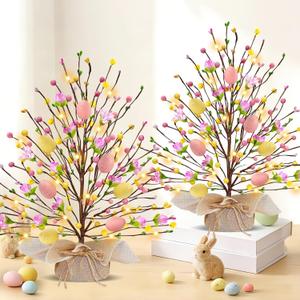2 Pack & Timer - Easter Decorations, 18 Inch Lighted Easter Tree Tabletop with 20 LED Warm White Lights Pastel Eggs Floral Berries Battery Operated Easter Egg Tree Home Indoor Table Party Spring Decor