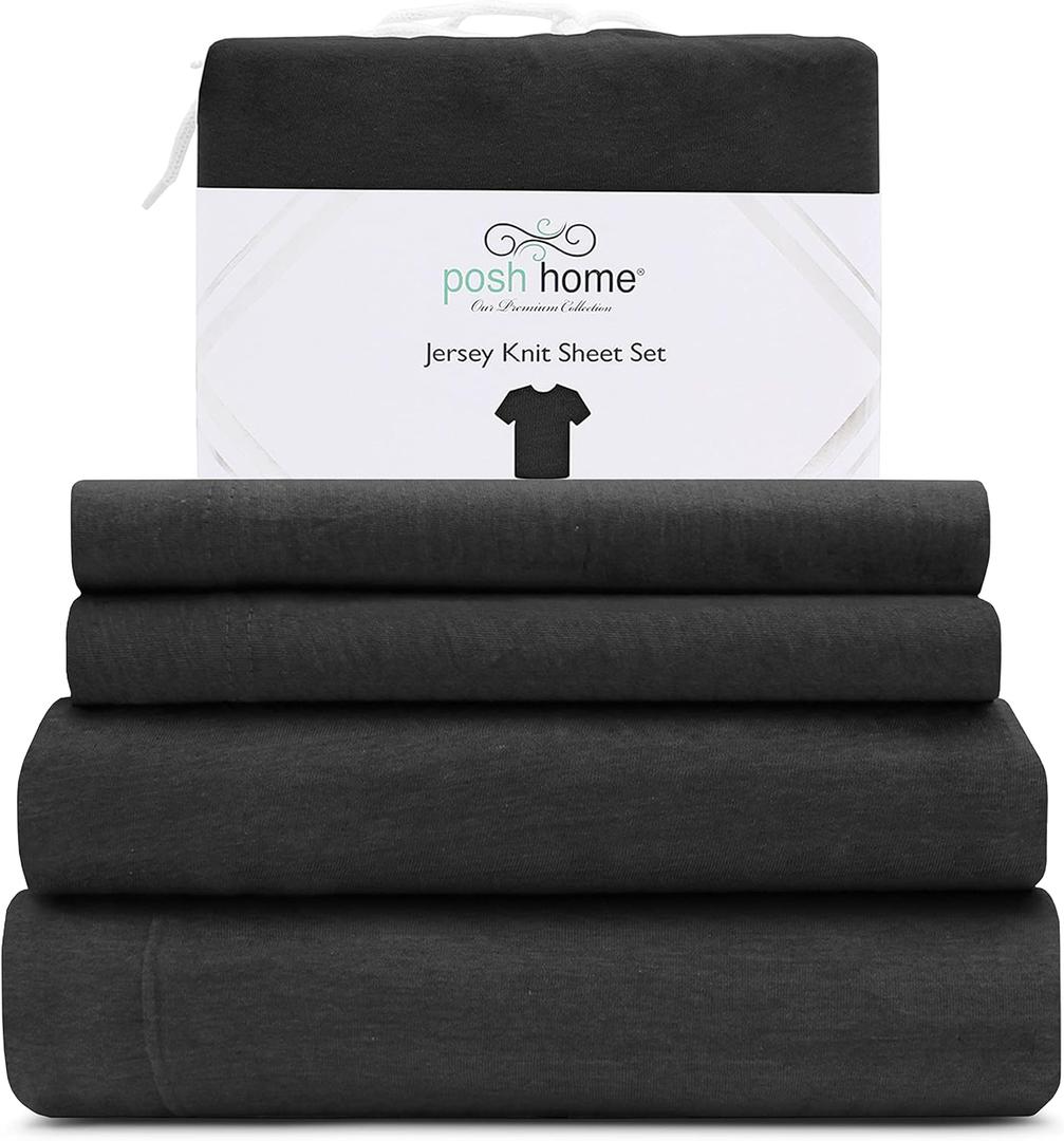 Posh Home Jersey Knit Sheet Set 4-Piece Cotton Bed Sheets T-Shirt Breathable & Soft, Includes Fitted Sheet, & 2 Pillowcases - California King, Black