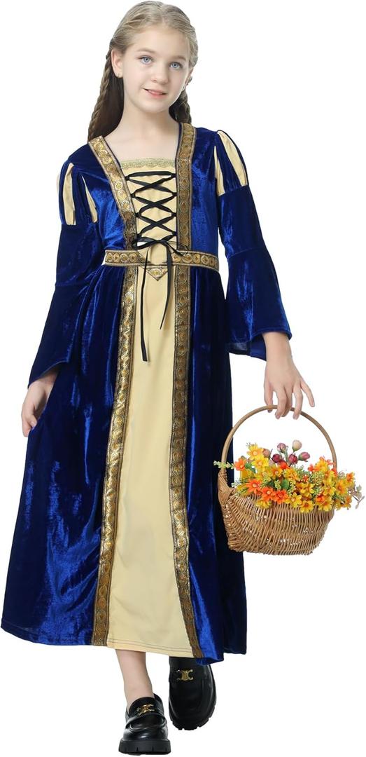 Colorful House Girls Renaissance Dress Medieval Dress Royalty Princess Child Dress Up Fancy Costume for Halloween (10-12Y, Blue)