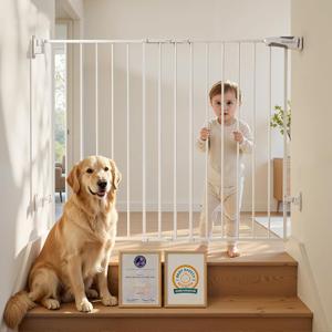 Babelio Baby Gate for Stairs, Kitchen & Doorways, No Bottom Bar| Easy Install| One-Handed Operation| Auto-Close| Hardware Mount Safety Dog Gate (White, 34" H, 29.7-46.5" W)