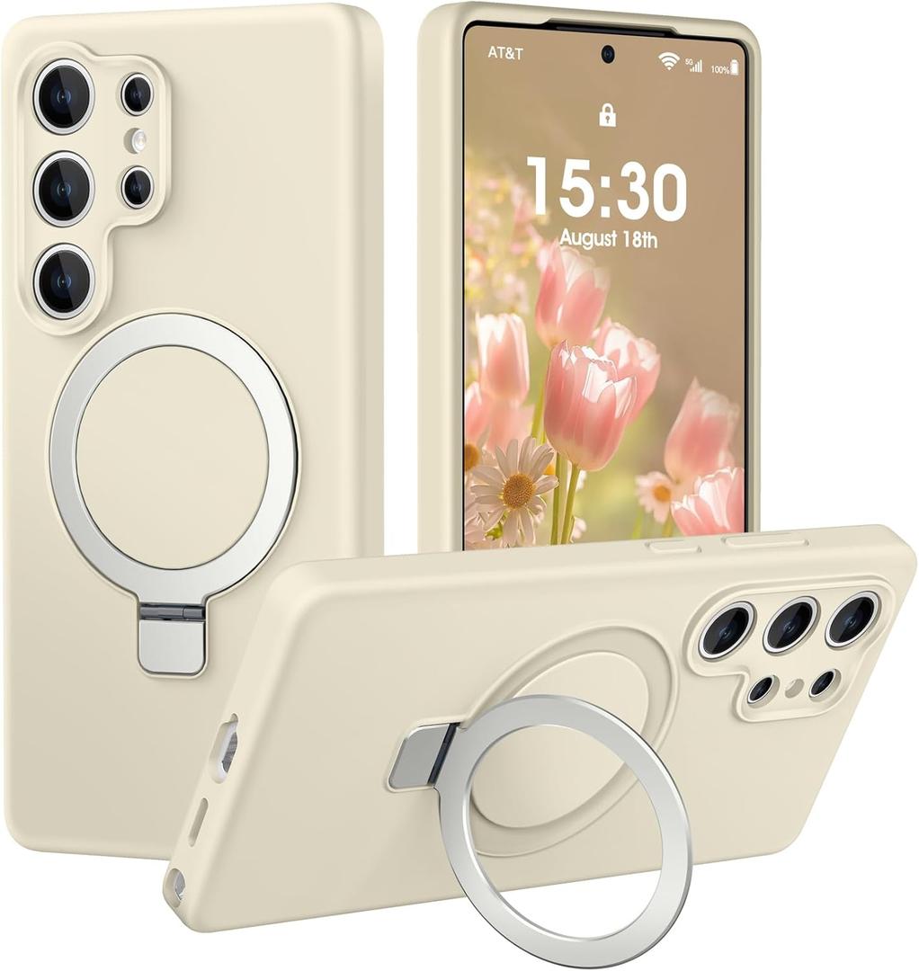 Liquid Silicone Case for Samsung Galaxy S25 Ultra with Magnetic Stand, Mil-Grade Drop Shockproof, Full Camera Protection Anti-Scratch Microfiber Lining Silicone Phone case, Beige