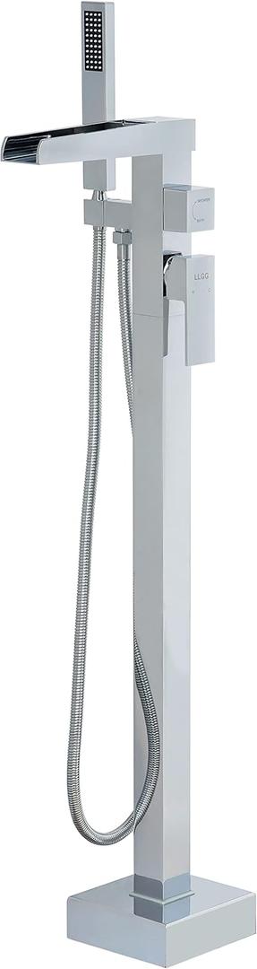 Waterfall Freestanding Bathtub Faucet Chrome High Flow 11.9GPM Floor Mount Tub Filler Faucets with Sprayer Hand Shower RIGOBAL