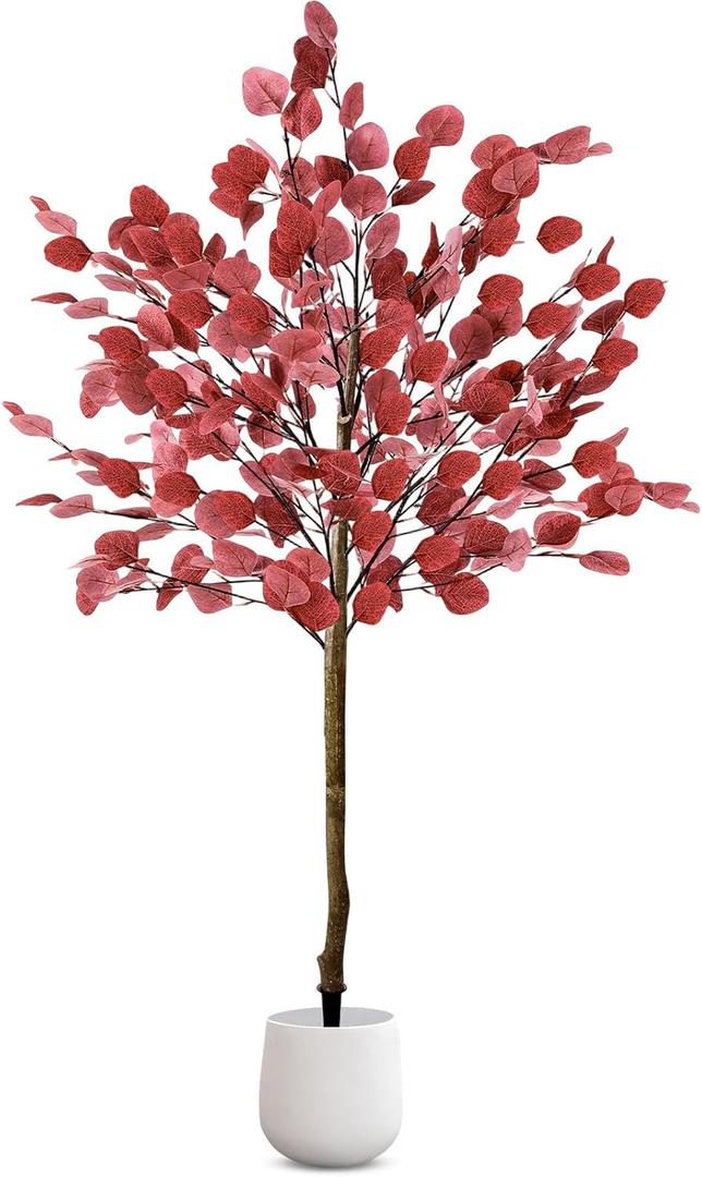 Lunmon 1 Pack Eucalyptus Artificial Tree, 4ft Faux Fall Tree with Spike, Christmas Decorations for Home Porch, Realistic Leaves Plant Decor for Outdoor Indoor,Without Vase (Dark Red)