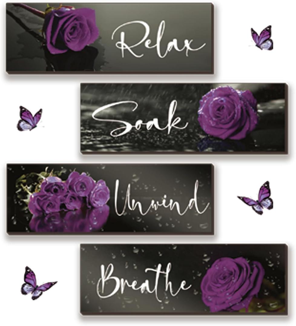 4 Pieces Purple Bathroom Wall Decor Rose Wall Decor Wooden Bathroom Accessories with Relax Soak Unwind Breathe Art For Girl Women Bedroom Living Room Home (Purple 12 X 4 Inch)