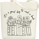 Books and Flowers Canvas Tote Bags for Women Aesthetic Gifts for Women Birthday Christmas Minimalist Cotton Tote Bag for Shopping Work Reusable Grocery Shoulder Bag with Wide Strap - DH689