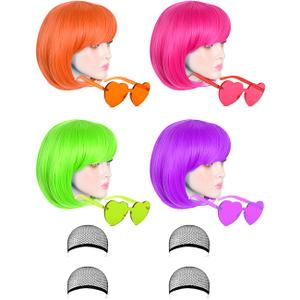 4 Pack Colored Wigs Neon Colorful Wig Short Bob Hair Neon Fun Party Wigs Costume Wig with Heart Sunglasses(Orange, Hot Pink, Green, Purple)