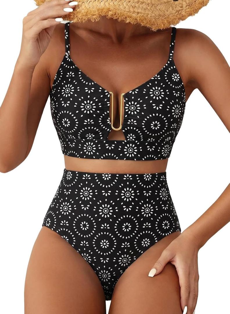 Herseas Women's U Wire Two Piece Bikini Sets Floral Print Swim Suits Cute Push Up Bikini Top High Waisted Bottom Flattering Bathing Suit Swim Outfits Summer Black Laser Dot Medium