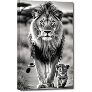 ZHIYYHAO Black and White Lion Canvas Wall Decor Lion with Cub Picture Wild Animal Painting Modern Artwork for Bedroom Living Room Nursery Home Decor A-418.00L X12.00W''
