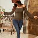 Fringe Tops for Women Western Cowgirl Off The Shoulder Fall Long Sleeve with Tassels Stretchy Crop Shirts Blouses (Brown, XL)