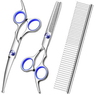 FAIGEO Professional Dog Grooming Scissors Kit, Titanium Coated Dog Scissors for Grooming, Grooming Shears Kit - Straight,Thinning, Curved Scissors and Comb for Dog Cat Pet 2 Pcs