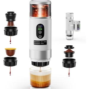 Portable Espresso Maker, Travel Coffee Maker for camping, Portable Espresso Machine with USB-C, 3-in-1 Small Espresso Machine with Ground Coffee & Capsules (NSDG) for RV (White (Two Batteries))