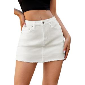 ELLEVEN Denim Skirt with Shorts Mini Skort - Casual Jean Skirts with Raw Hem & Pockets (Small)