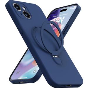 Magnetic Stand for iPhone 15 Plus Case, Liquid Silicone Case, [Compatible with MagSafe][Built-in Kickstand&Ring Holder] Anti-Scratch Soft Microfiber Lining, Midnight Blue