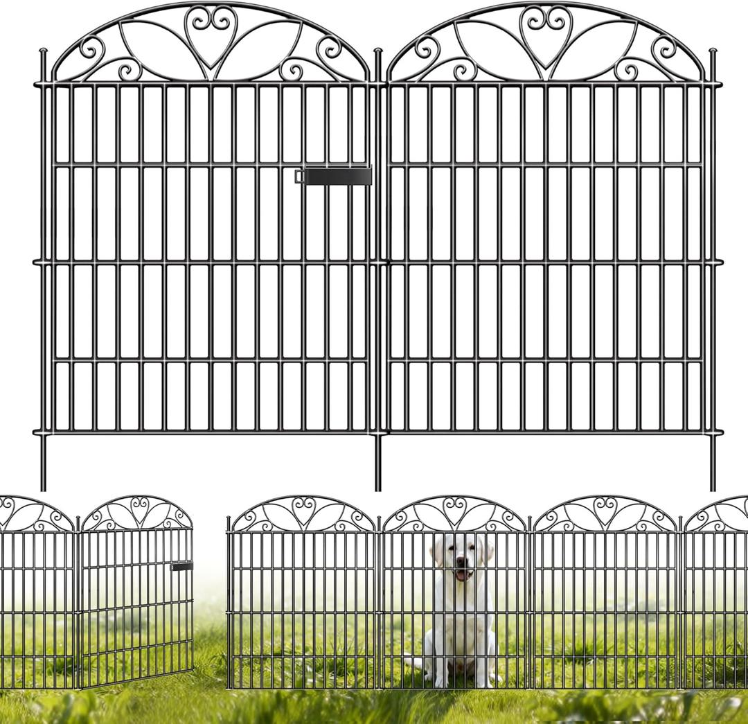10 Panels No Dig Decorative Outdoor Garden Fence with Gate, 32 in(H) X 23.6 ft(L) Animal Barrier Fencing, Rustproof Portable Fence, Temporary Dog Fence Outdoor for Yard, Outside, Backyard