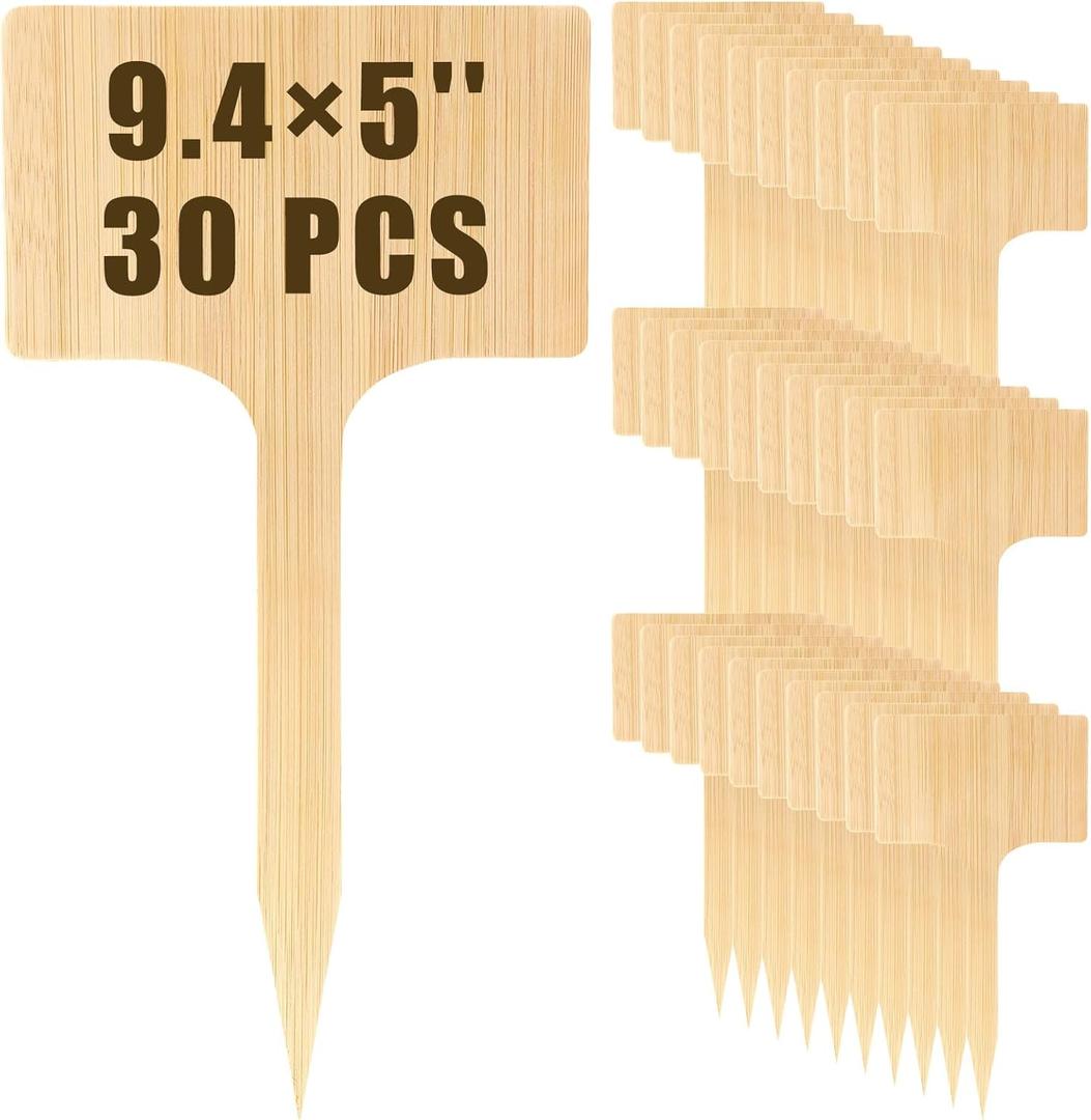 Hicarer 30 Pcs 30 Pack 5" x 9.4" Extra Large Bamboo Garden Markers, Natural Wood T-Type Large Plant Labels for Herbs, Flowers & Vegetables  Easy to Read Full-Size Tags for Garden Outdoor