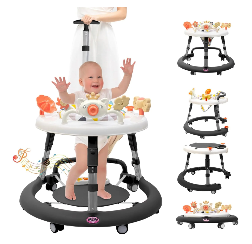 Baby Walker with Wheels, Music & Brakes - Anti-Rollover Walker for Babies 6-12 Months, Adjustable with Foot Pads/Handles, White And Black