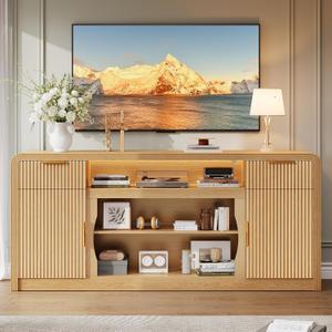 Decofy 70" Fluted TV Stand with Storage, Entertainment Center for TVs Up to 80", Media TV Stands with Adjustable Shelves & LED Light, Mid Century Modern TV Cabinet for Living Room (Oak)