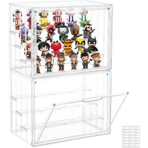Clear Acrylic Display Case for Collectibles, 4 Layer Figure Display Case with Magnetic Door, Stackable Figurine Display Shelf Box for Figures, Funko Pop, Pop Mart, 2-Pack