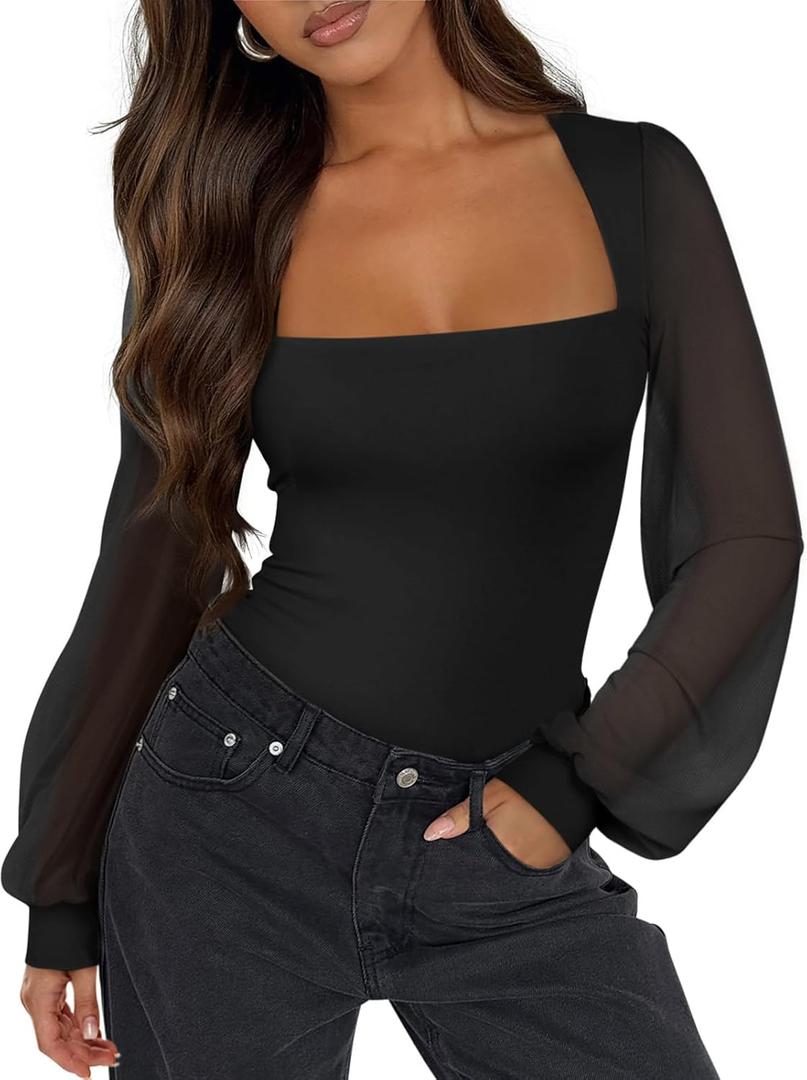 PINKMSTYLE Women's Square Neck Double Lined Mesh Long Sleeve Bodysuits Slim fit Trendy Going Out Tops Shirts (Large, Black)