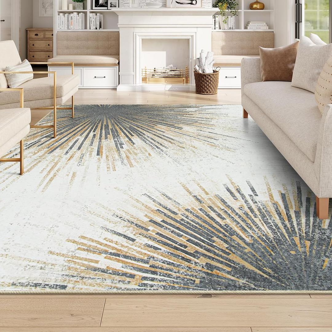 Lahome Modern Washable Area Rugs 8x10 - Ultra-Thin Non-Slip Soft Velvet Abstract Living Room Rug Starburst Floor Rugs, Abstract Print Washable Rug for Dining Room Table Office (Gold/Gray, 8'x10')