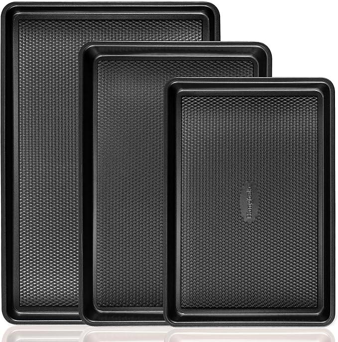 HONGBAKE Baking Sheet Pan Set, Cookie Sheets for Oven, Nonstick Half/Quarter/Jelly Roll Pans with Diamond Texture Pattern, Heavy Duty Cookie Tray, Black