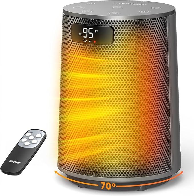 GiveBest Space Heater, Electric Portable Heaters for Indoor Use with Thermostat and Remote, 70°Oscillation, Digital Display, 12H Timer, 1500W PTC Ceramic Fast Safety Heat for Office Bedroom Home, Grey