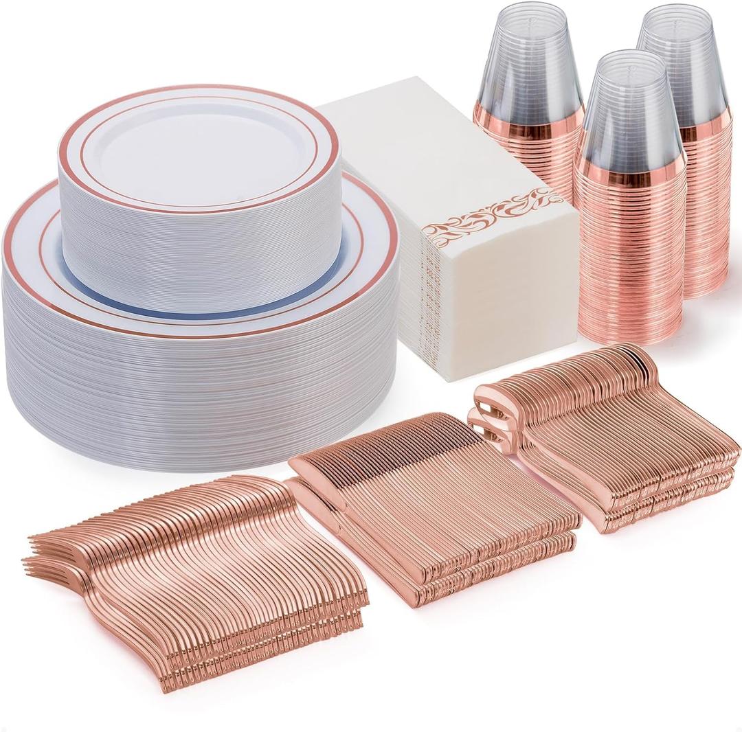 Goodluck 350 Pieces Rose Gold Dinnerware Set for 50 Guests, Plastic Plates Disposable for Party, Include: 50 Dinner Plates, 50 Dessert Plates, 50 Paper Napkins, 50 Cups, 50 Silverware Set